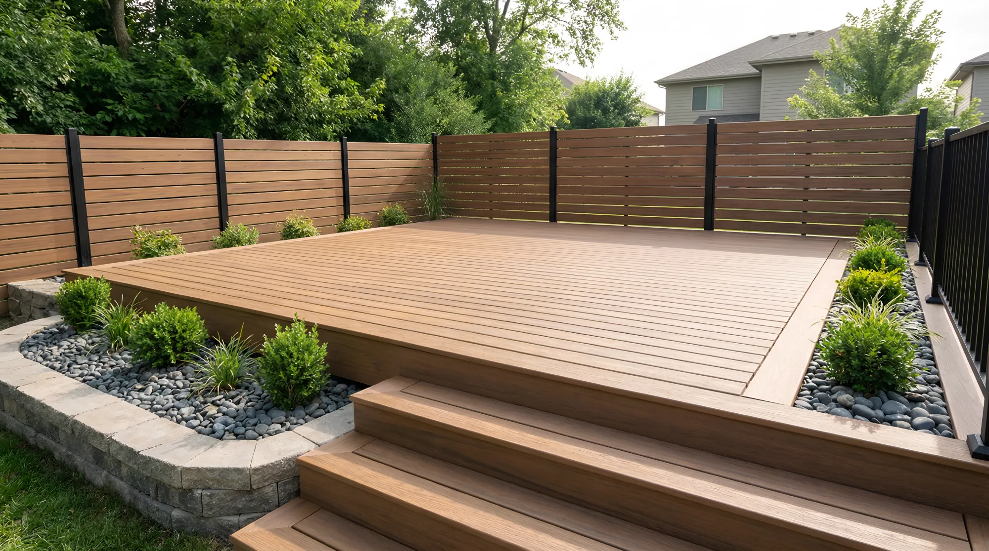 Modern Cedar Color Deck with Black Railings