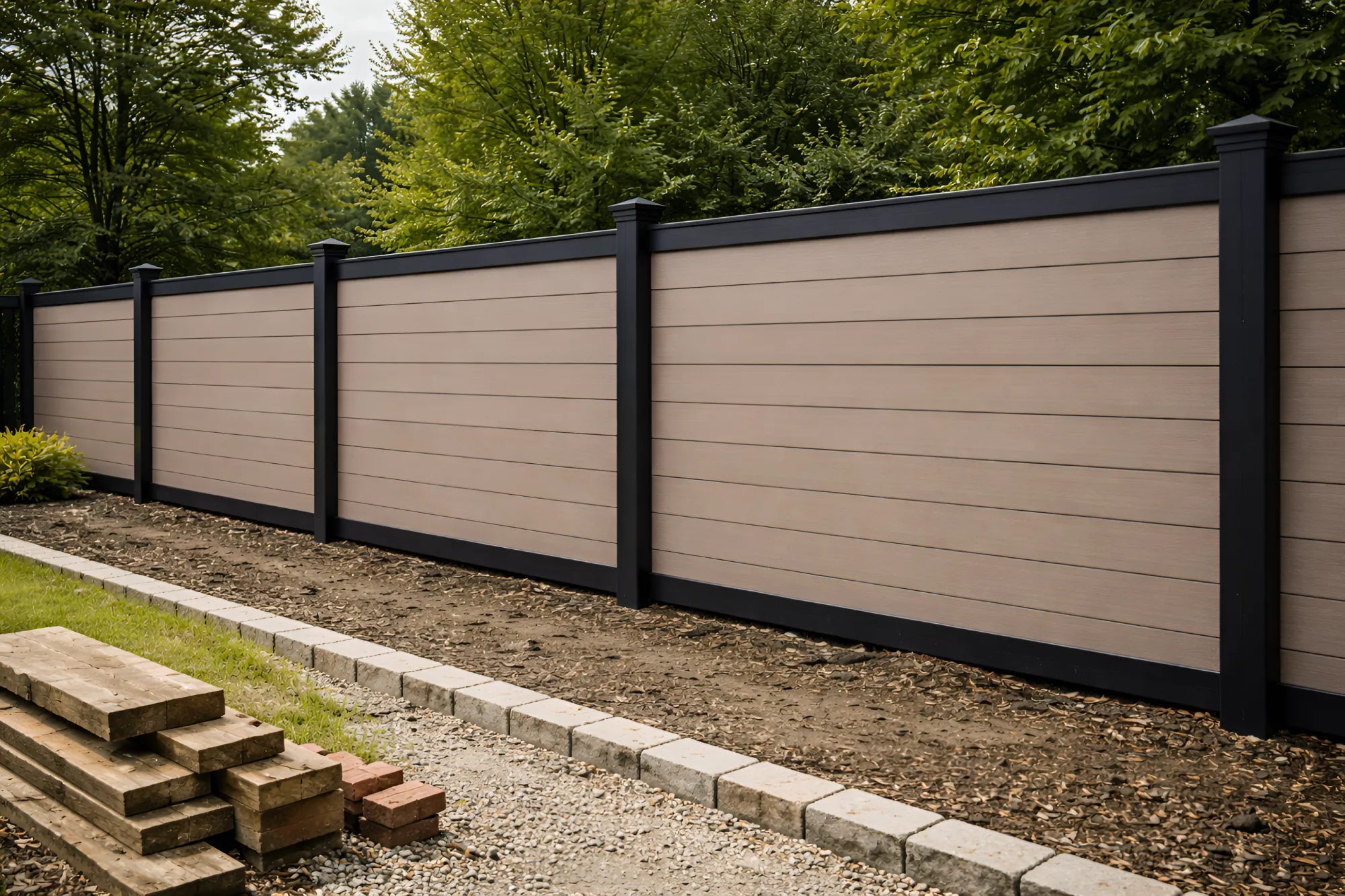 Modern Horizontal Wood Slat Fence with Black Post Accents